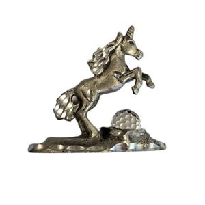 Vintage 1985 Cuter Pewter Miniature Rearing up UNICORN & CRYSTAL BALL pre-owned